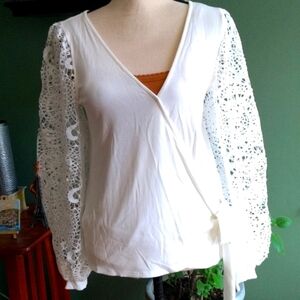 New Eyeshadow white casual wrap bow tie crochet statement long sleeve summer top